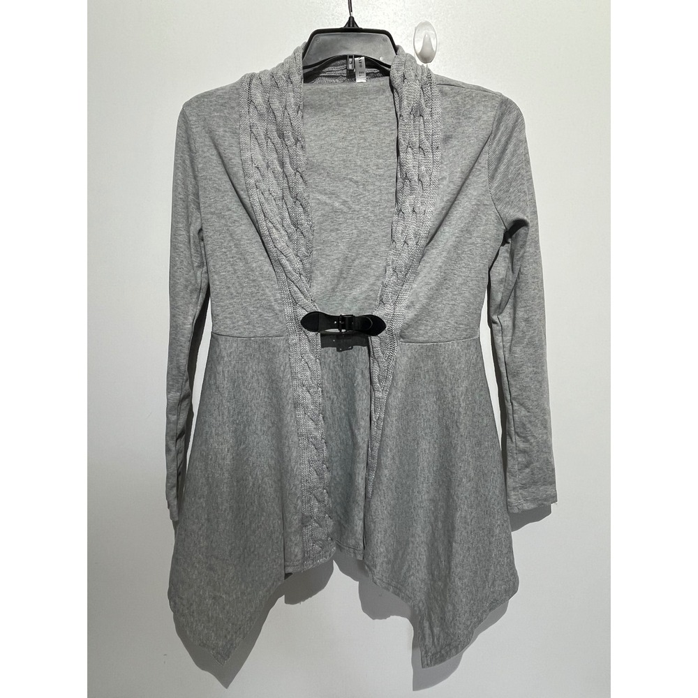SSFO Womens Heather Gray Cable Knit Shawl Collar Buckle Sharkbite Cardigan Sz 4